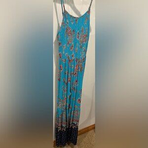 Gypsy Love Teal and Navy Floral Wide Leg Boho Spaghetti Strap Jumpsuit Size M